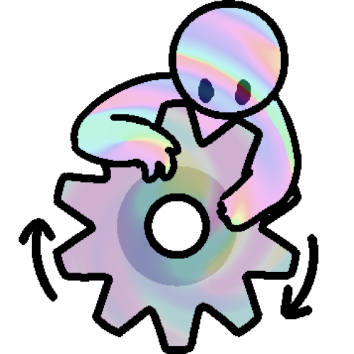 a cartoony drawing of a metal gear. there is a person, about half the size of the gear climbing on top and looking at it intently. only the top half of their body is visible. the whole drawing has a strong rainbow metallic overlay, as a way of emphasizing that this is metaphorical and not a symbol for the words 'climb on gear'